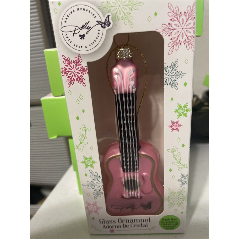 Dolly Parton Pink Guitar Holiday Glass Ornament, 5 ". NEW RUZ